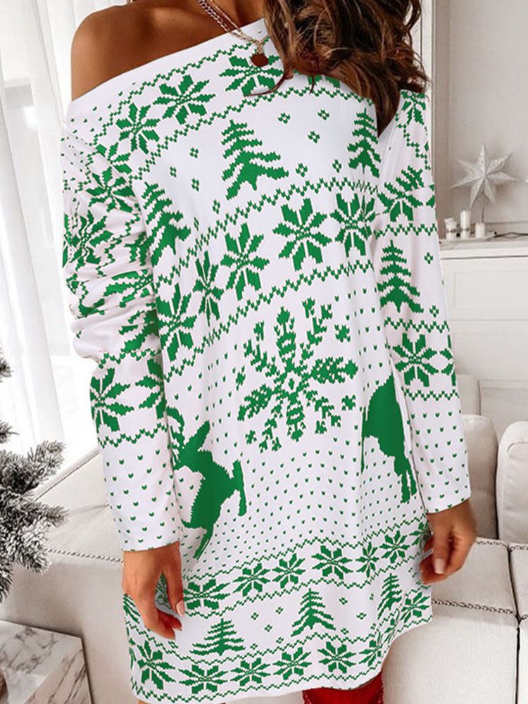 Frauen Weihnachtsstrick Snowflake Deer Print Lässige Pullover Mit Rundhalsausschnitt