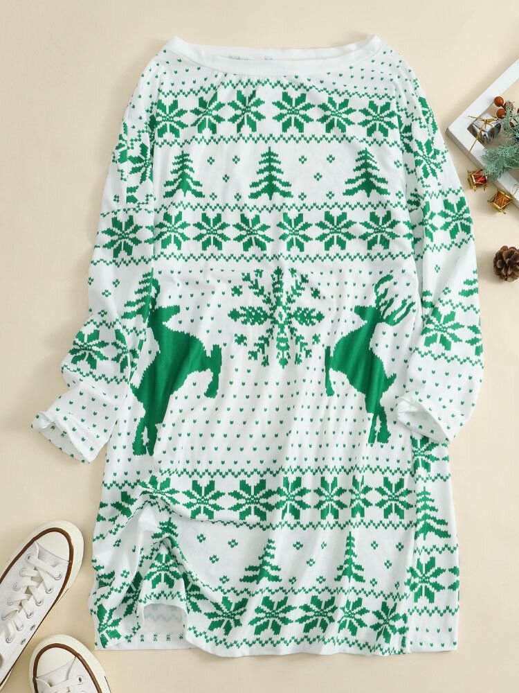 Frauen Weihnachtsstrick Snowflake Deer Print Lässige Pullover Mit Rundhalsausschnitt