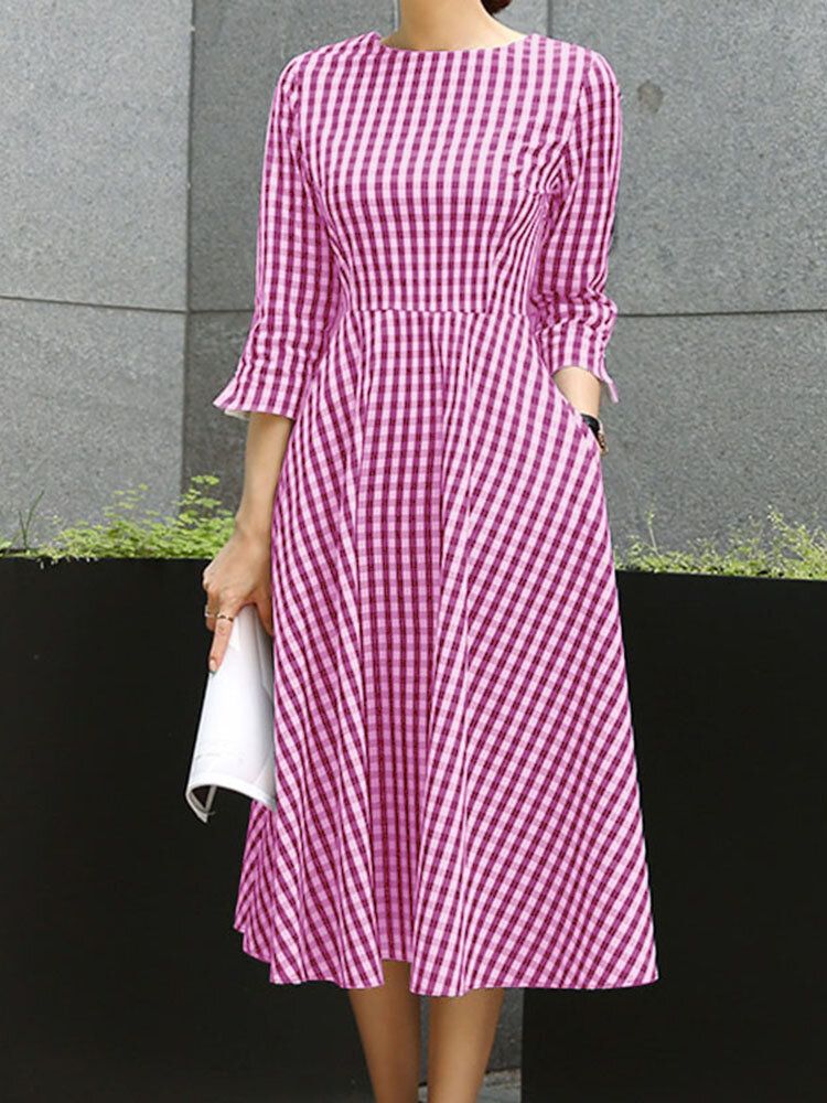 Grid Prited Plaid O-ausschnitt Dreiviertel-ärmel Rückenreißverschluss Midi-kleid Für Frauen