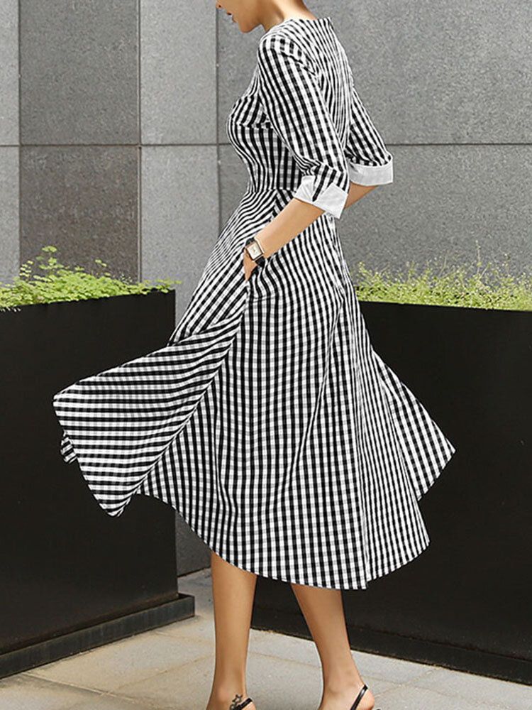 Grid Prited Plaid O-ausschnitt Dreiviertel-ärmel Rückenreißverschluss Midi-kleid Für Frauen