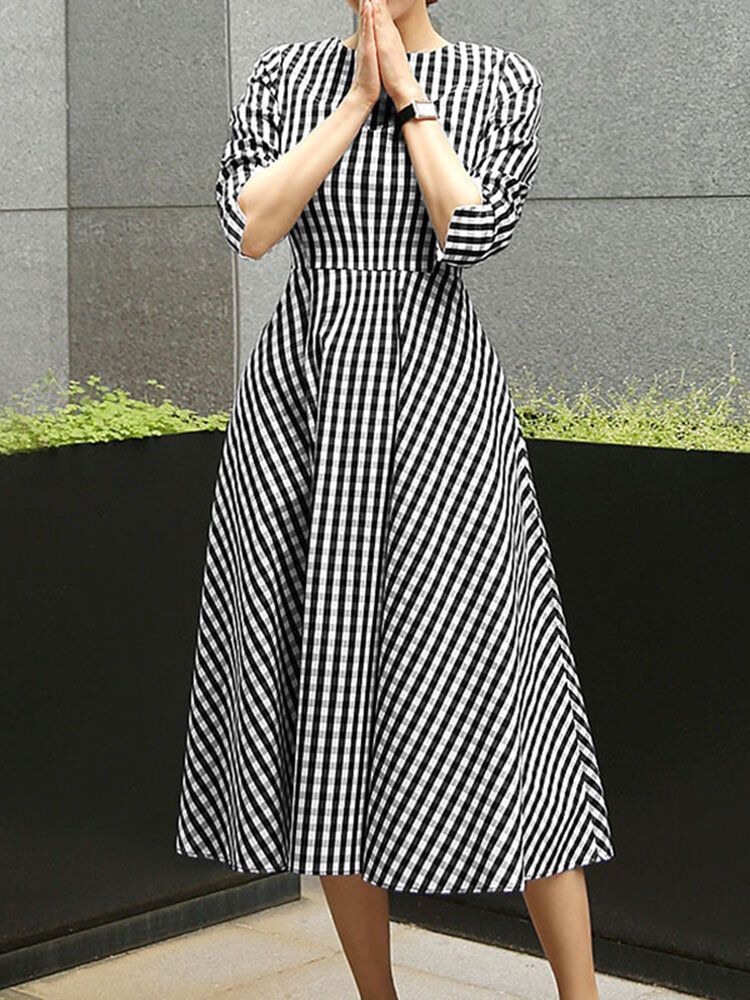 Grid Prited Plaid O-ausschnitt Dreiviertel-ärmel Rückenreißverschluss Midi-kleid Für Frauen