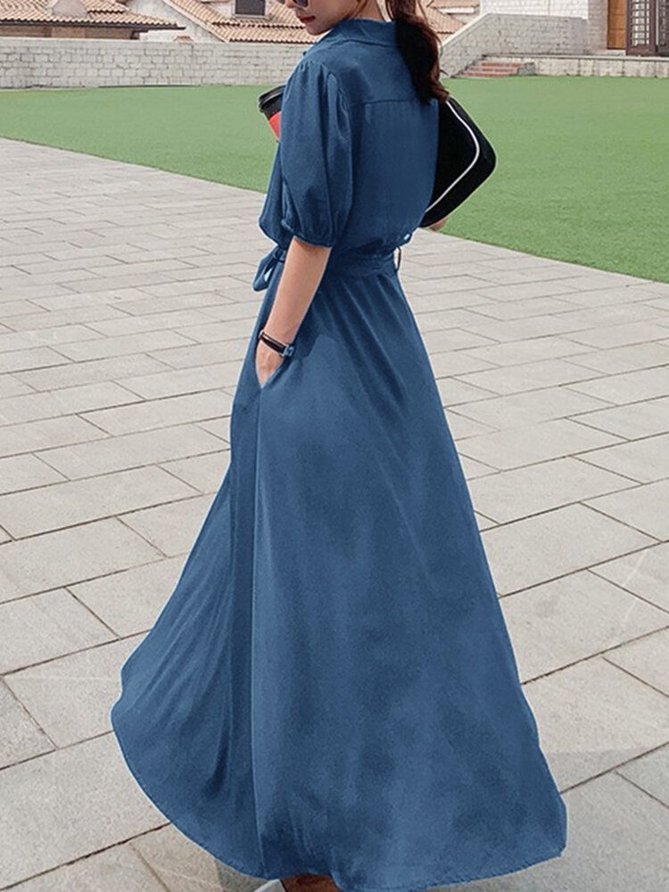 Lässiges Maxikleid Mit Einfarbigem Taschenknopf Revers Und Schärpe