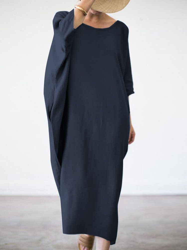 Langarm-hemdkleid Aus 100 % Baumwolle Für Damen Einfarbig Wadenlang Midi-kleid Mit Drei Vierteln