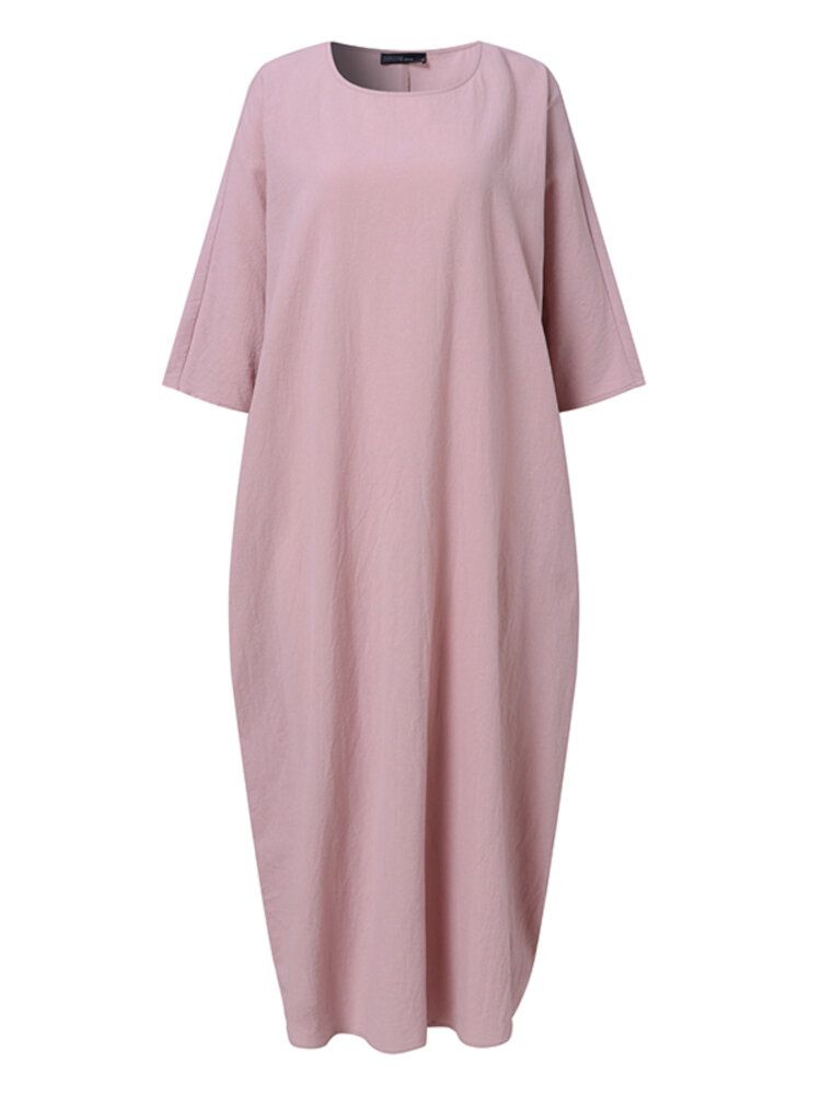 Langarm-hemdkleid Aus 100 % Baumwolle Für Damen Einfarbig Wadenlang Midi-kleid Mit Drei Vierteln