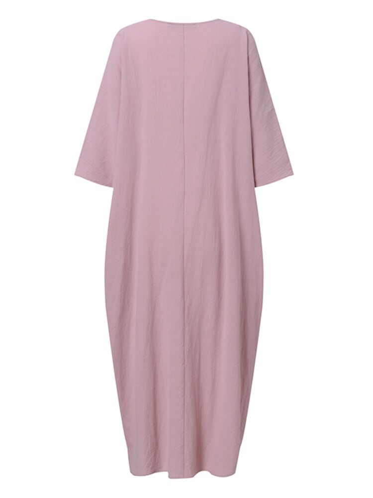 Langarm-hemdkleid Aus 100 % Baumwolle Für Damen Einfarbig Wadenlang Midi-kleid Mit Drei Vierteln