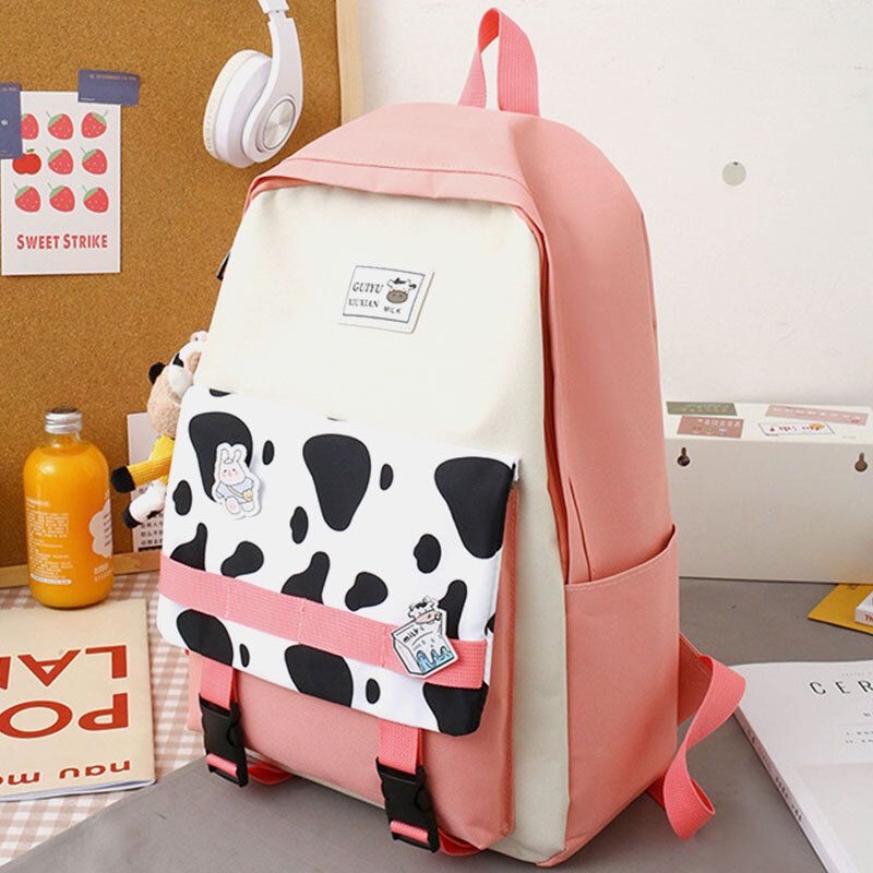 5 Stück Canvas Preppy Cow Pattern Multifunktions-kombinationstasche Rucksack Tote Crossbody Bag Clutch Wallet