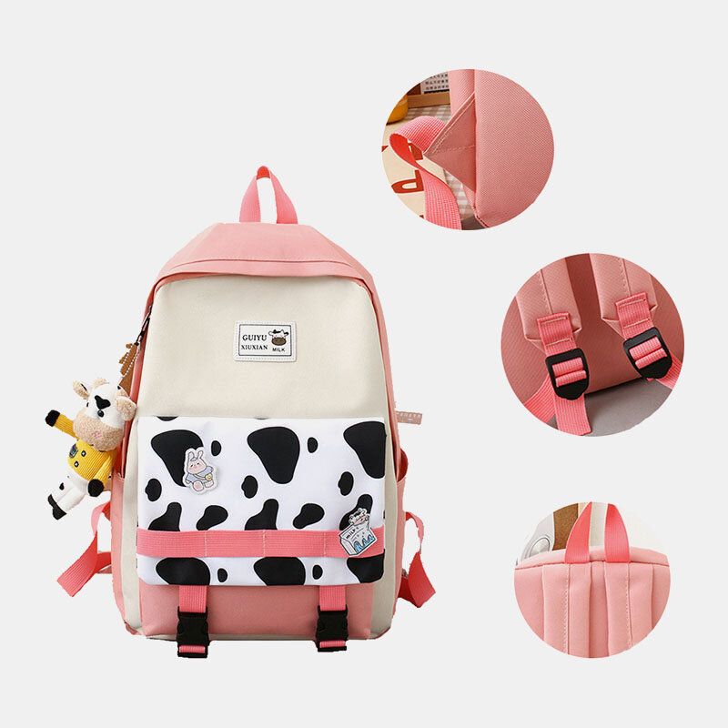 5 Stück Canvas Preppy Cow Pattern Multifunktions-kombinationstasche Rucksack Tote Crossbody Bag Clutch Wallet