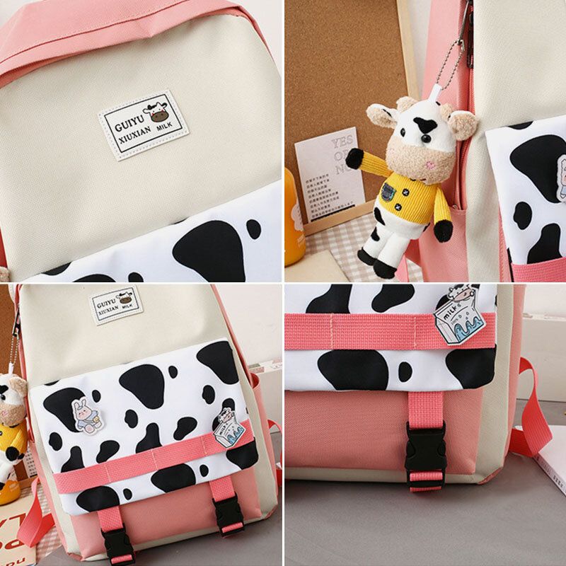 5 Stück Canvas Preppy Cow Pattern Multifunktions-kombinationstasche Rucksack Tote Crossbody Bag Clutch Wallet