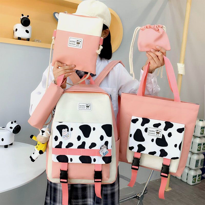 5 Stück Canvas Preppy Cow Pattern Multifunktions-kombinationstasche Rucksack Tote Crossbody Bag Clutch Wallet