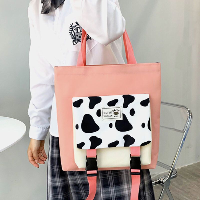 5 Stück Canvas Preppy Cow Pattern Multifunktions-kombinationstasche Rucksack Tote Crossbody Bag Clutch Wallet