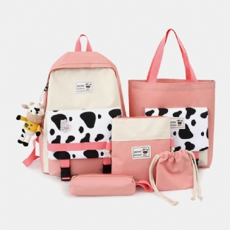 5 Stück Canvas Preppy Cow Pattern Multifunktions-kombinationstasche Rucksack Tote Crossbody Bag Clutch Wallet