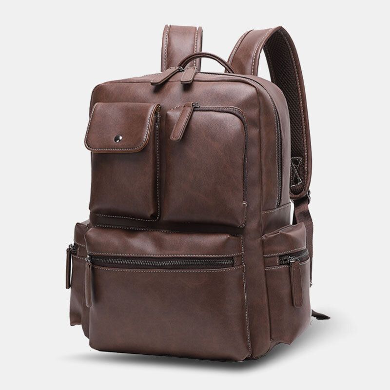 Atmungsaktiver Rucksack Aus Pu-leder Mit Mehreren Taschen Retro-laptoptasche Mit Großem Fassungsvermögen 14 Zoll