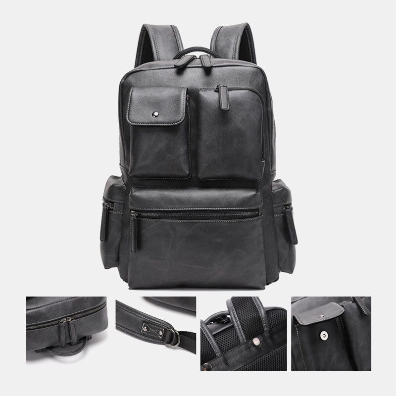 Atmungsaktiver Rucksack Aus Pu-leder Mit Mehreren Taschen Retro-laptoptasche Mit Großem Fassungsvermögen 14 Zoll