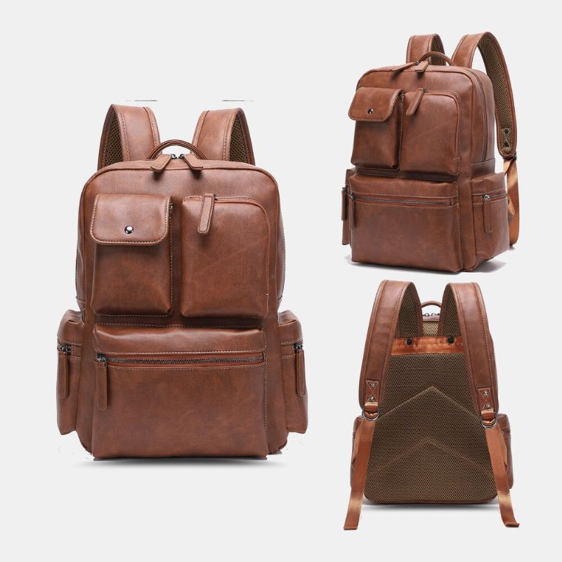 Atmungsaktiver Rucksack Aus Pu-leder Mit Mehreren Taschen Retro-laptoptasche Mit Großem Fassungsvermögen 14 Zoll