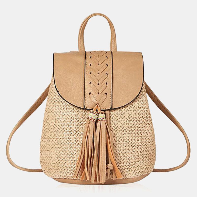 Damen Quaste Strohtasche Retro Strandtasche Rucksack Bucket Bag