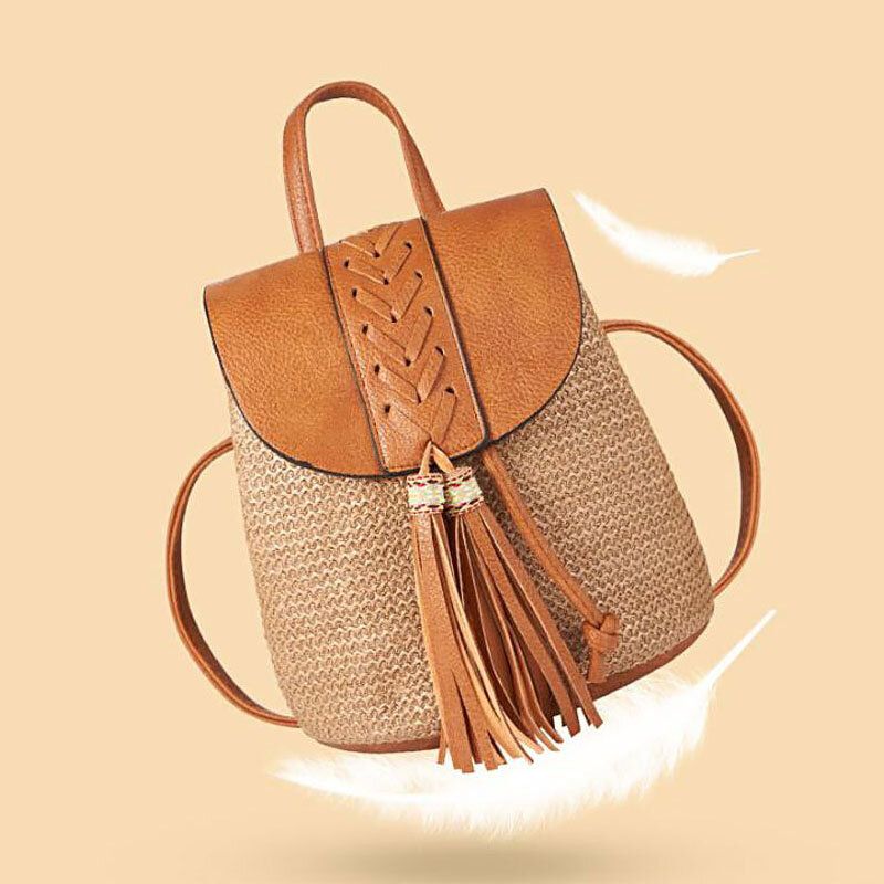 Damen Quaste Strohtasche Retro Strandtasche Rucksack Bucket Bag