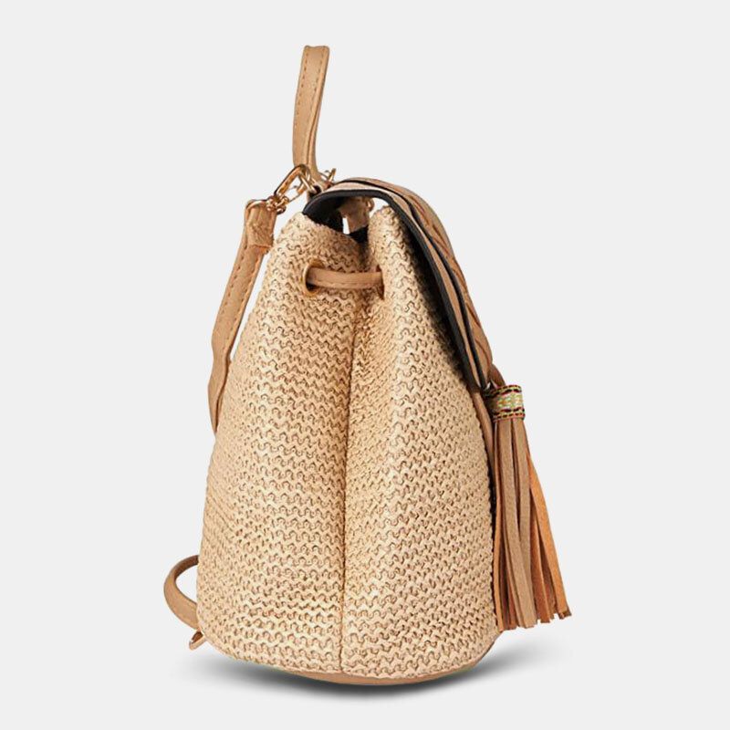 Damen Quaste Strohtasche Retro Strandtasche Rucksack Bucket Bag