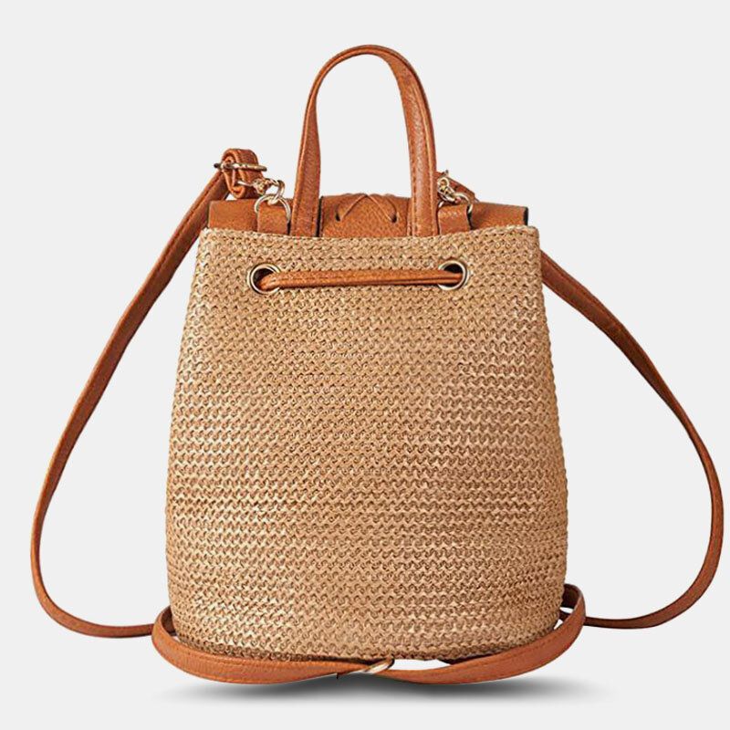 Damen Quaste Strohtasche Retro Strandtasche Rucksack Bucket Bag