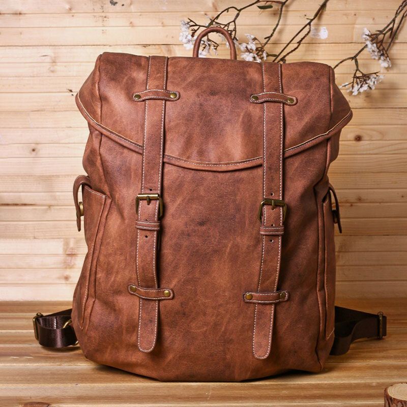 Ekphero Herren Vintage Business Outdoor Große Kapazität Schule College Bookbag Pu-leder Kontrastfarbe 14 Zoll Laptoptasche