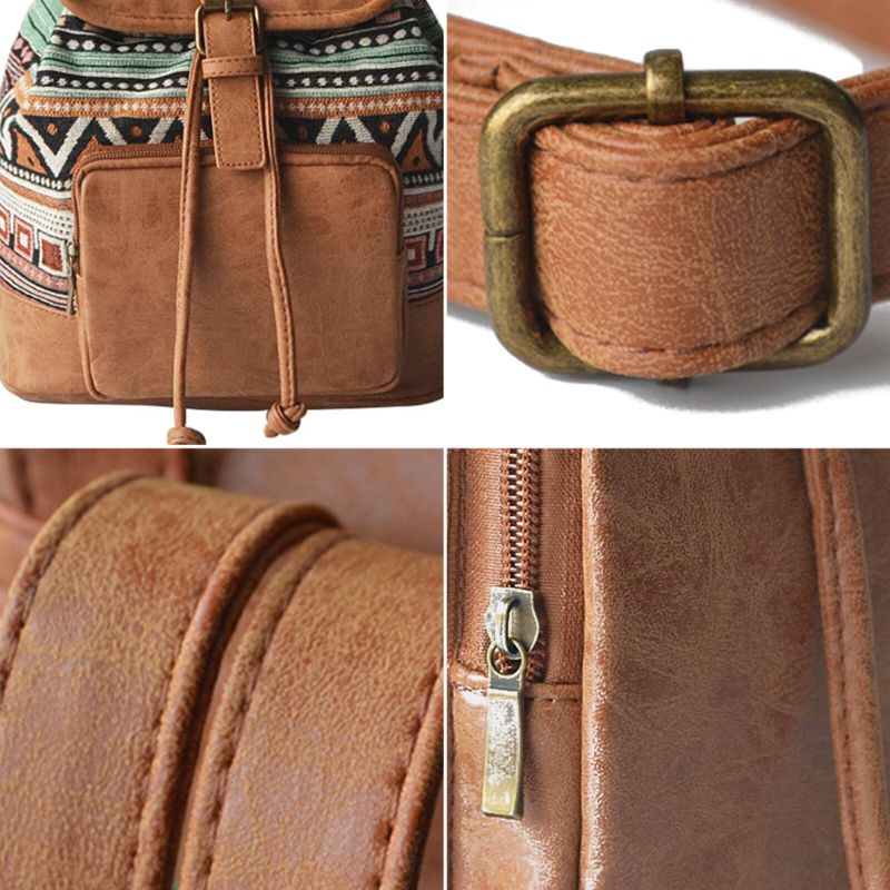 Frauen Leinwand Stoff Vintage Ethnisches Muster Bohemian Rucksack Verstellbarer Riemen Lässige Tasche