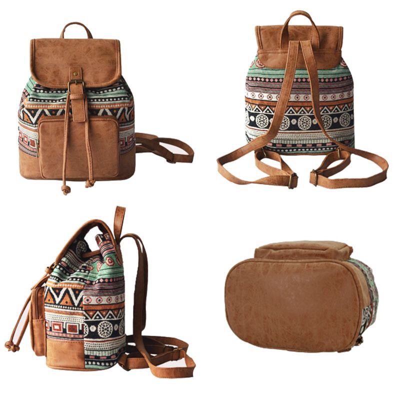 Frauen Leinwand Stoff Vintage Ethnisches Muster Bohemian Rucksack Verstellbarer Riemen Lässige Tasche