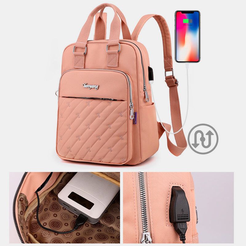 Frauen Nylon Brief Stickmuster Usb-laderucksack Mit Großer Kapazität Computertasche