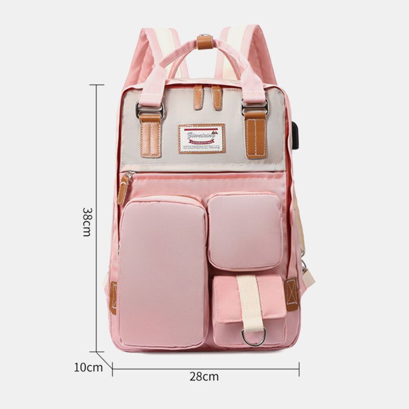 Frauen Nylon Usb-lade Multi-pocket-rucksack Mit Großer Kapazität Lässige Einfache Wasserdichte 14-zoll-laptop-tasche