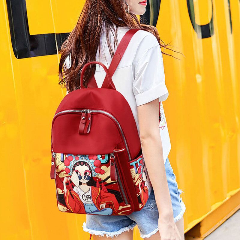 Frauen Oxford Cartoon Pekingoper Charaktere Bedruckter Rucksack Große Kapazität Multi-pocket-umhängetasche