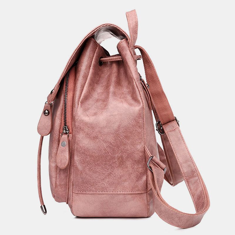 Frauen Pu-leder Multi-taschen Innerer Magnetknopf-rucksack Vintage Einfache Kordelzug-hasp-laptop-tasche