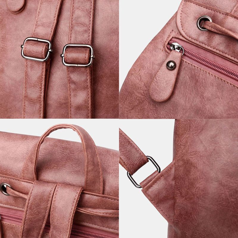 Frauen Pu-leder Multi-taschen Innerer Magnetknopf-rucksack Vintage Einfache Kordelzug-hasp-laptop-tasche