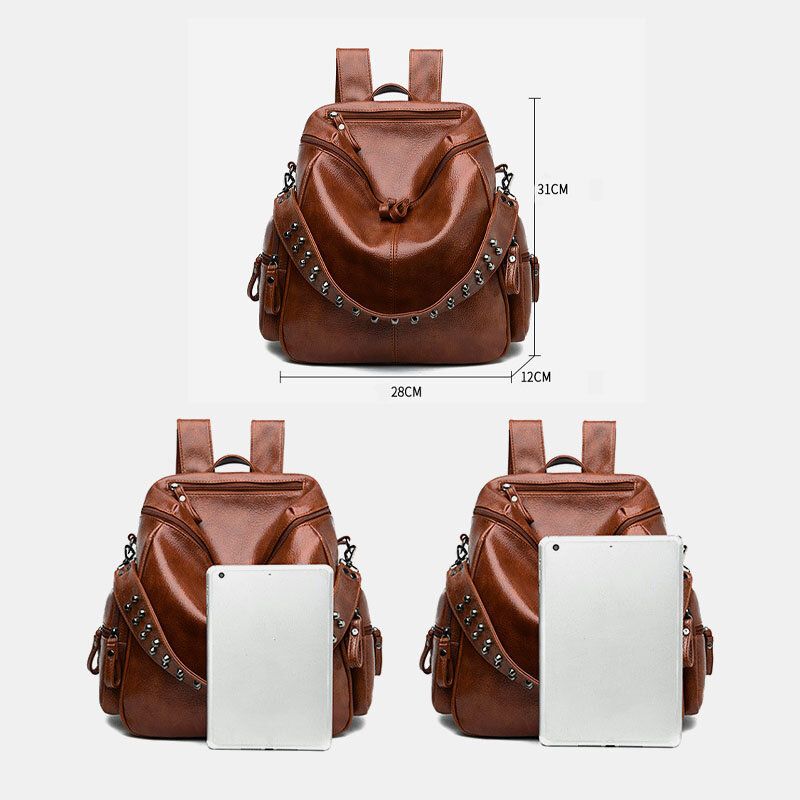 Frauen Vintage Multi-pockets Tragbarer Atmungsaktiver Rucksack Exquisites Hardware-dekor Abnehmbarer Schultergurt Umhängetasche