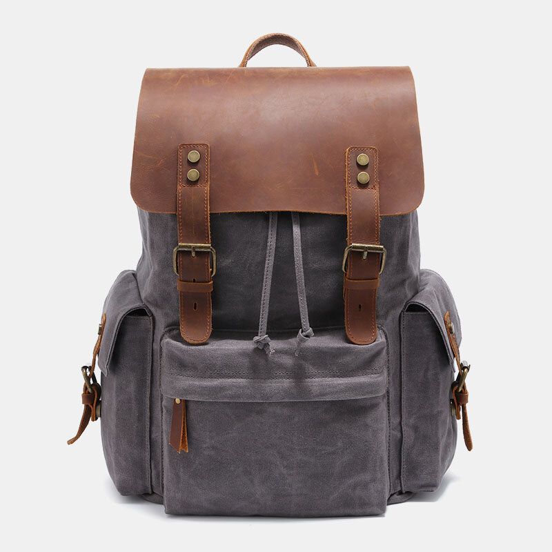 Herren Leinwand Echtes Leder Rindsleder Retro Große Kapazität 14 Zoll Laptoptasche Wasserdichter Rucksack