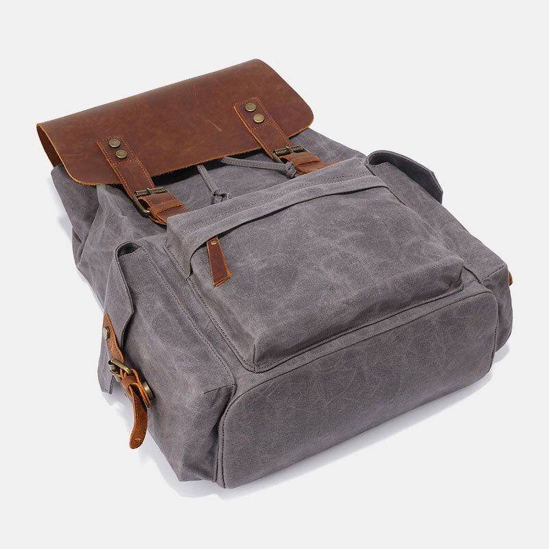 Herren Leinwand Echtes Leder Rindsleder Retro Große Kapazität 14 Zoll Laptoptasche Wasserdichter Rucksack