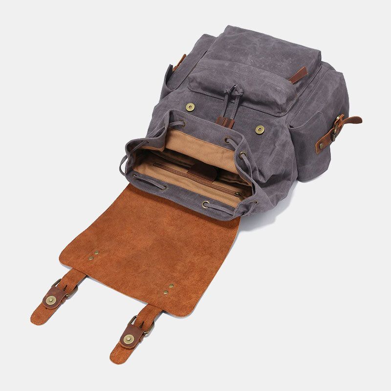 Herren Leinwand Echtes Leder Rindsleder Retro Große Kapazität 14 Zoll Laptoptasche Wasserdichter Rucksack