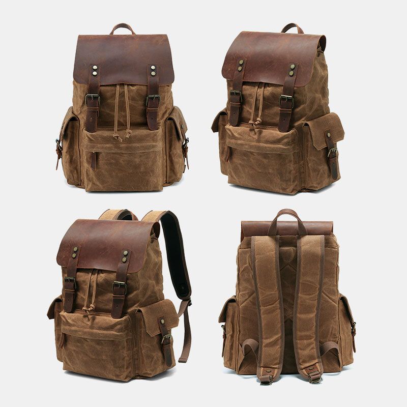 Herren Leinwand Echtes Leder Rindsleder Retro Große Kapazität 14 Zoll Laptoptasche Wasserdichter Rucksack