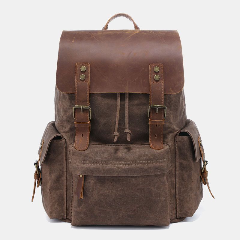 Herren Leinwand Echtes Leder Rindsleder Retro Große Kapazität 14 Zoll Laptoptasche Wasserdichter Rucksack