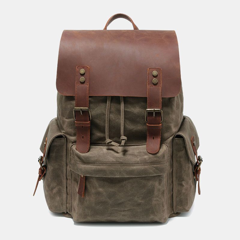 Herren Leinwand Echtes Leder Rindsleder Retro Große Kapazität 14 Zoll Laptoptasche Wasserdichter Rucksack