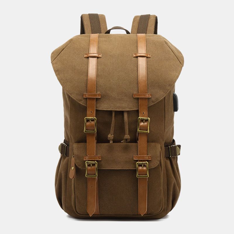 Herren-rucksack Aus Echtem Leder Und Canvas Mit Usb-aufladung Retro-reise-outdoor-rucksack Mit Großer Kapazität