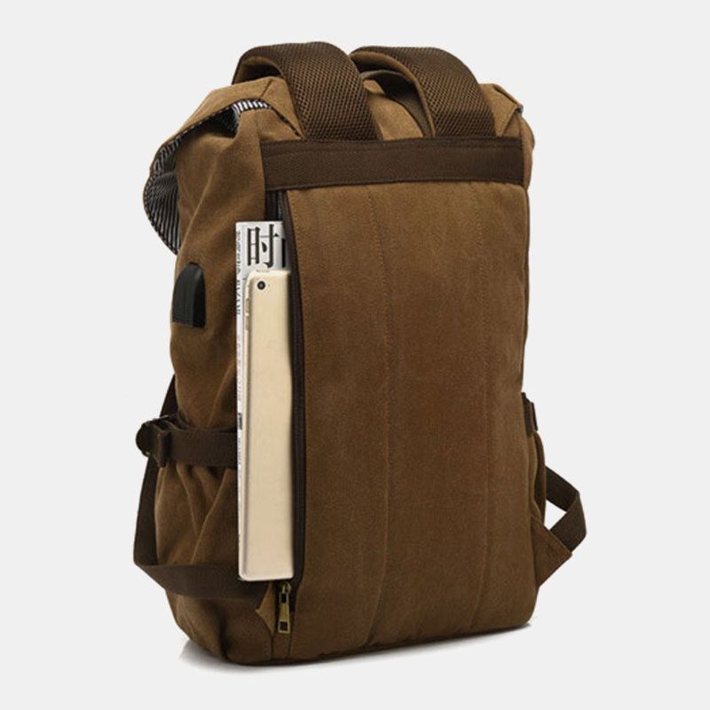 Herren-rucksack Aus Echtem Leder Und Canvas Mit Usb-aufladung Retro-reise-outdoor-rucksack Mit Großer Kapazität