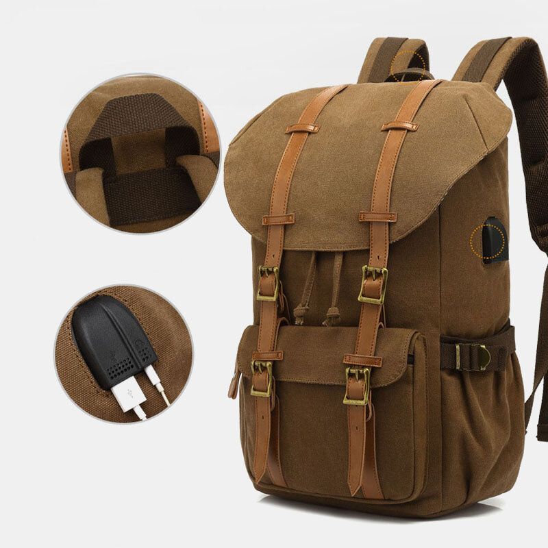 Herren-rucksack Aus Echtem Leder Und Canvas Mit Usb-aufladung Retro-reise-outdoor-rucksack Mit Großer Kapazität