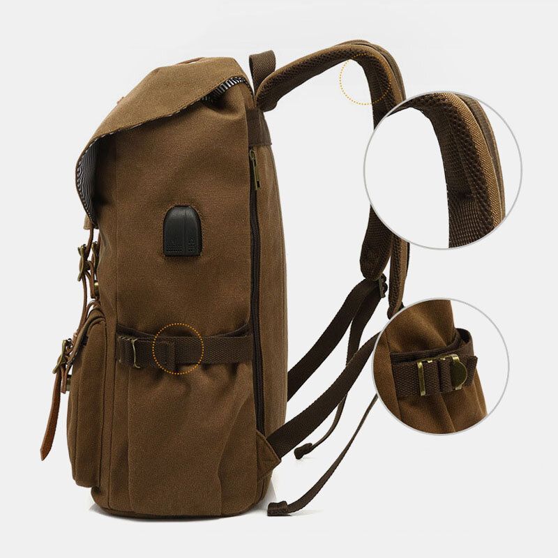 Herren-rucksack Aus Echtem Leder Und Canvas Mit Usb-aufladung Retro-reise-outdoor-rucksack Mit Großer Kapazität