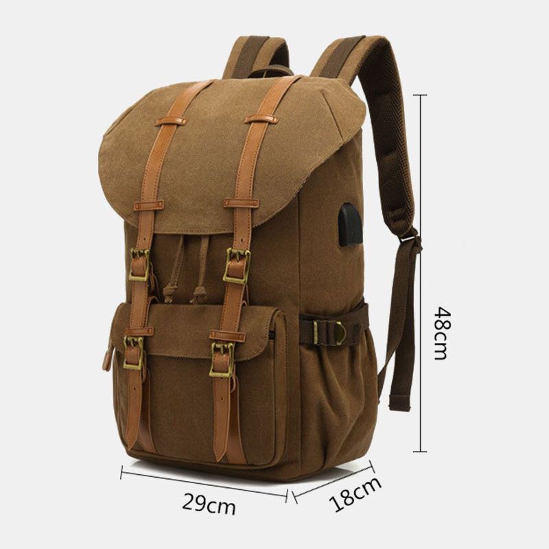 Herren-rucksack Aus Echtem Leder Und Canvas Mit Usb-aufladung Retro-reise-outdoor-rucksack Mit Großer Kapazität