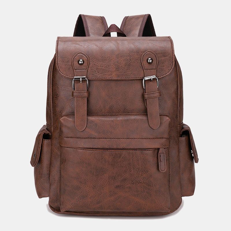 Männer Casual Travel Multi-pocket Große Kapazität Rucksack Solide Retro Verschleißfeste Wasserdichte Pu Weiches Leder 14 Zoll Laptoptasche