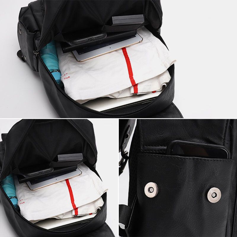 Männer Casual Travel Multi-pocket Große Kapazität Rucksack Solide Retro Verschleißfeste Wasserdichte Pu Weiches Leder 14 Zoll Laptoptasche