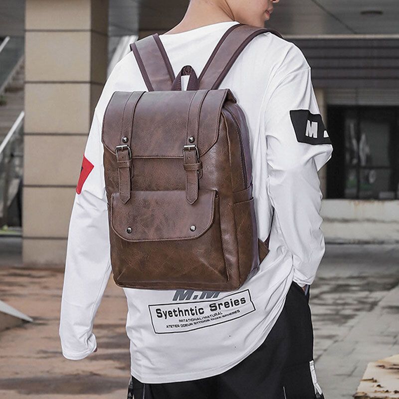 Männer Casual Travel Multi-pocket Große Kapazität Rucksack Solide Retro Verschleißfeste Wasserdichte Pu Weiches Leder 14 Zoll Laptoptasche