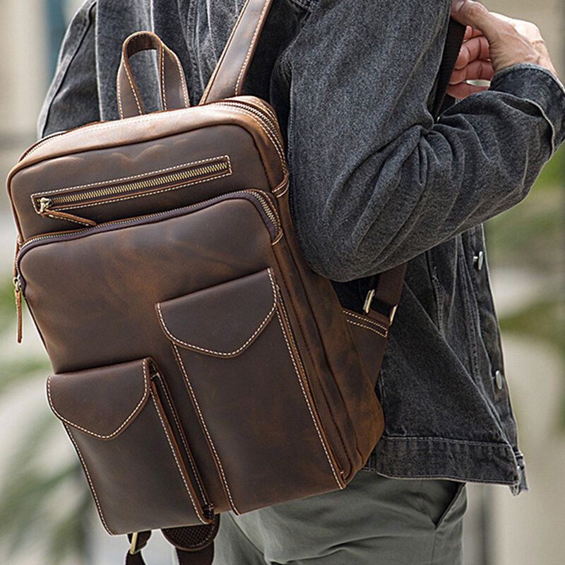 Männer Echtes Leder Große Kapazität Retro Casual Fashion 14 Zoll Laptoptasche Reisetasche Business Rucksack