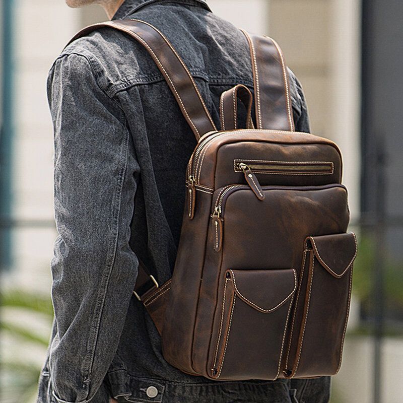 Männer Echtes Leder Große Kapazität Retro Casual Fashion 14 Zoll Laptoptasche Reisetasche Business Rucksack