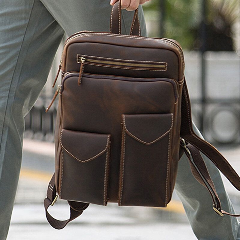 Männer Echtes Leder Große Kapazität Retro Casual Fashion 14 Zoll Laptoptasche Reisetasche Business Rucksack