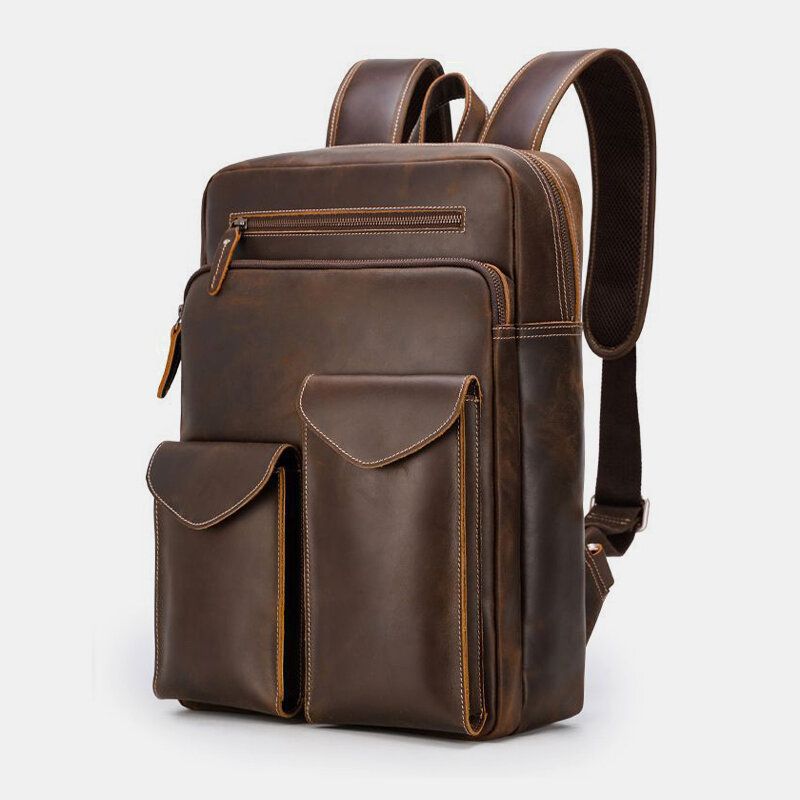 Männer Echtes Leder Große Kapazität Retro Casual Fashion 14 Zoll Laptoptasche Reisetasche Business Rucksack