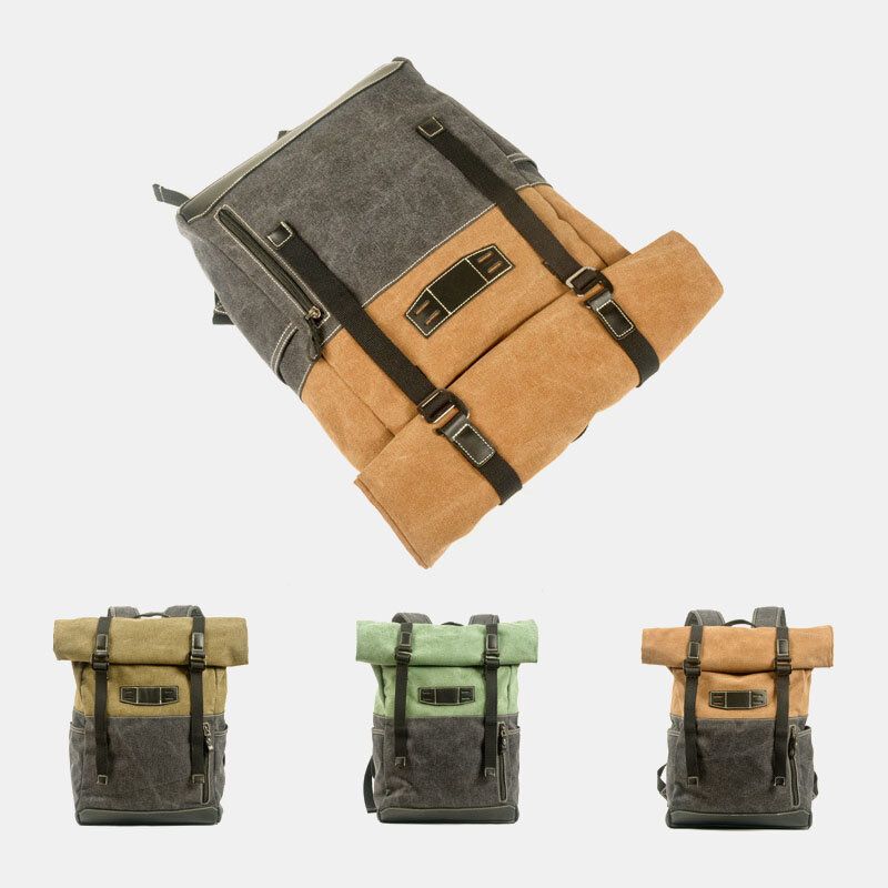 Männer Echtes Leder Rindsleder Und Canvas Patchwork Outdoor Wasserdicht Anti-diebstahl Wandern 14-zoll-laptop-rucksack